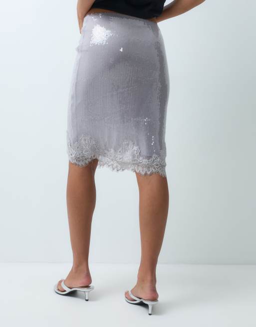 The Frolic sequin lace trim midi skirt in silver, 5 of 5