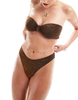 The Frolic serenity knot front bandeau bikini top in dark chocolate glitter-Brown