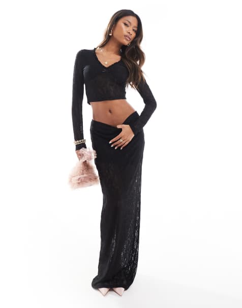 The Frolic sheer lace top & bow maxi skirt co-ord in black - view 1