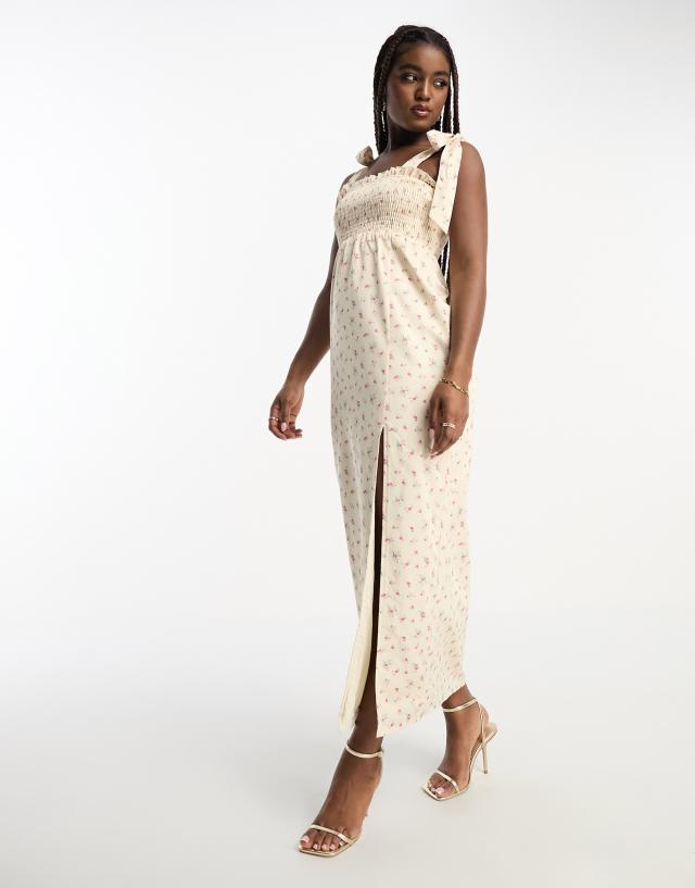 The Frolic shirred bodice midi dress with tie straps in vintage floral