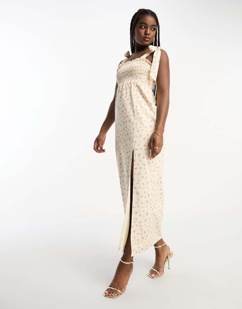 The Frolic shirred bodice midi dress with tie straps in vintage floral