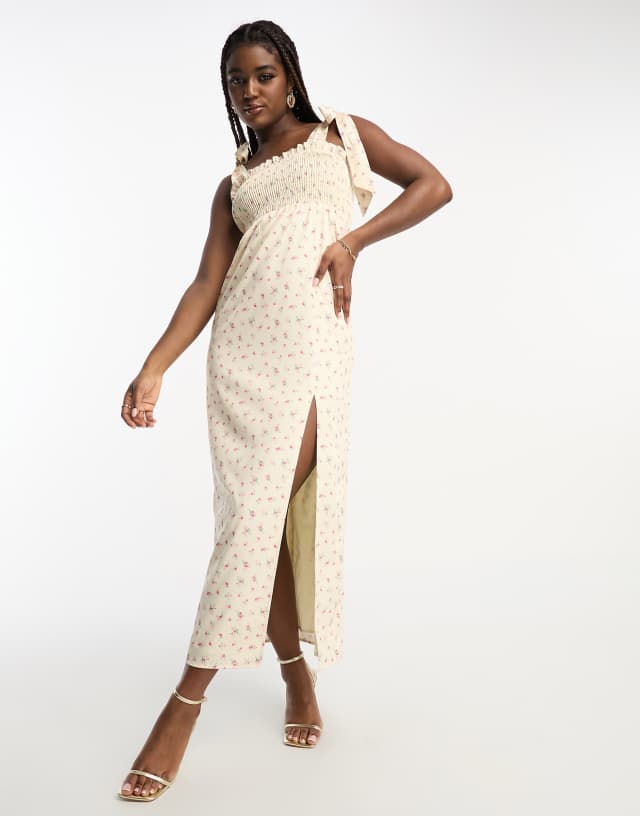 The Frolic shirred bodice midi dress with tie straps in vintage floral 0