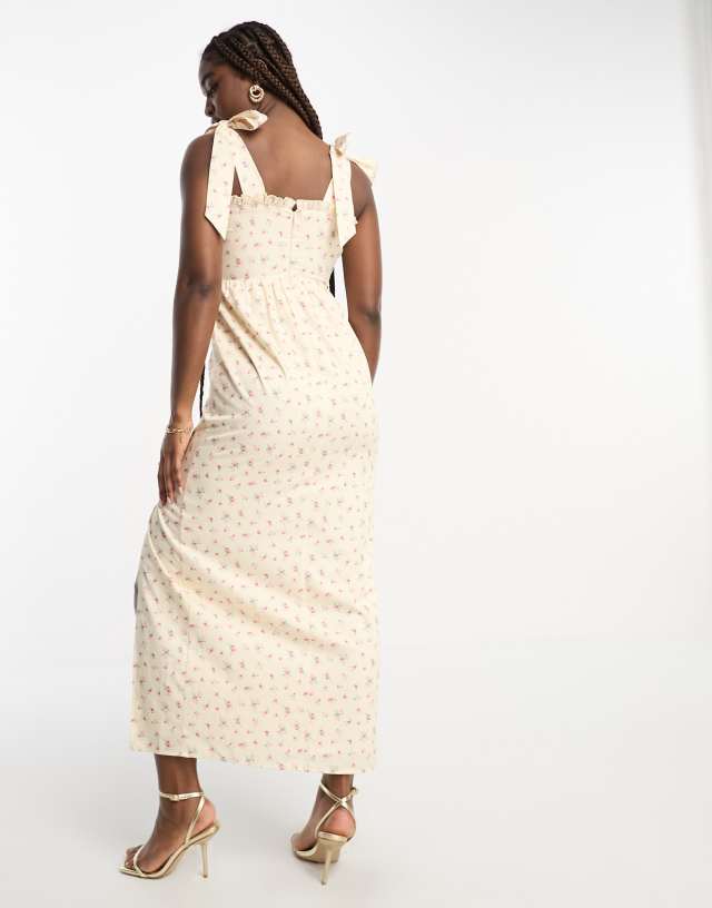 The Frolic shirred bodice midi dress with tie straps in vintage floral 1