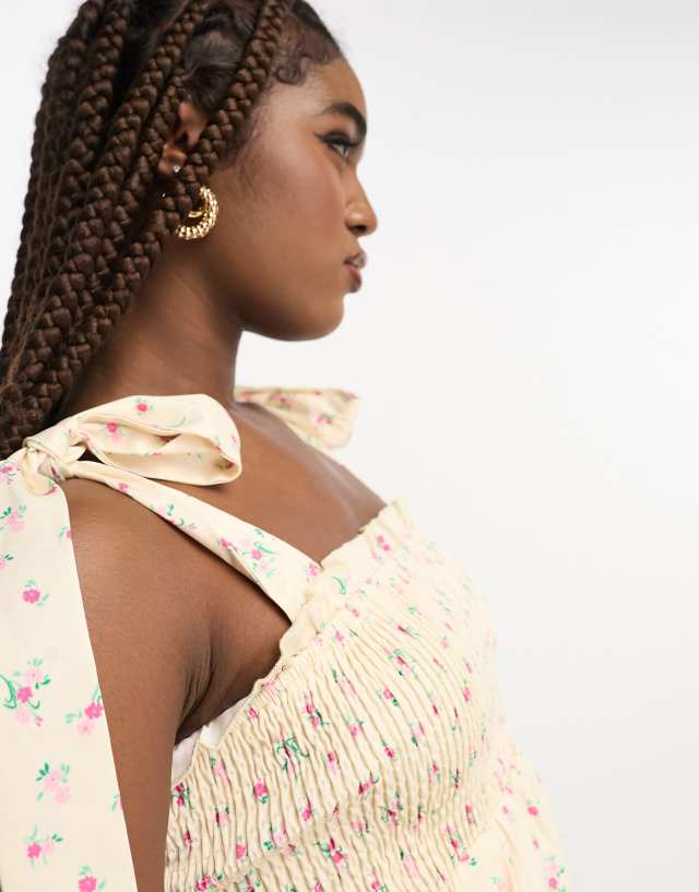 The Frolic shirred bodice midi dress with tie straps in vintage floral 2