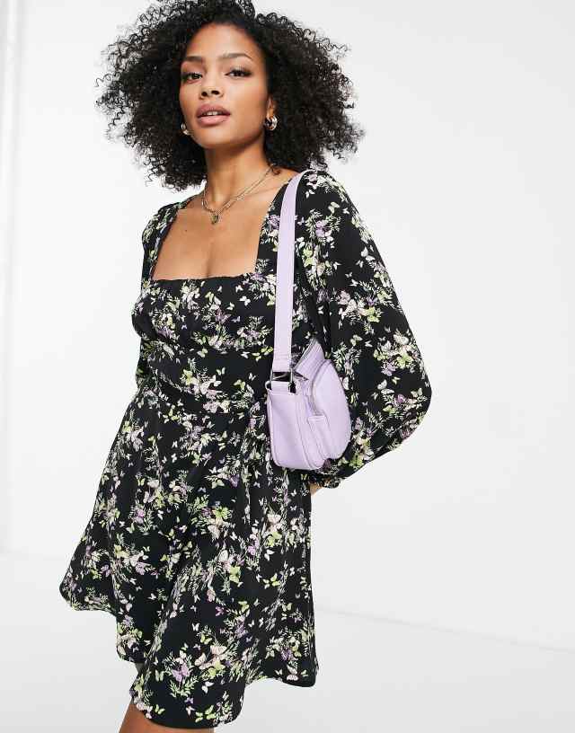 The Frolic shirred bust butterfly print mini dress in black