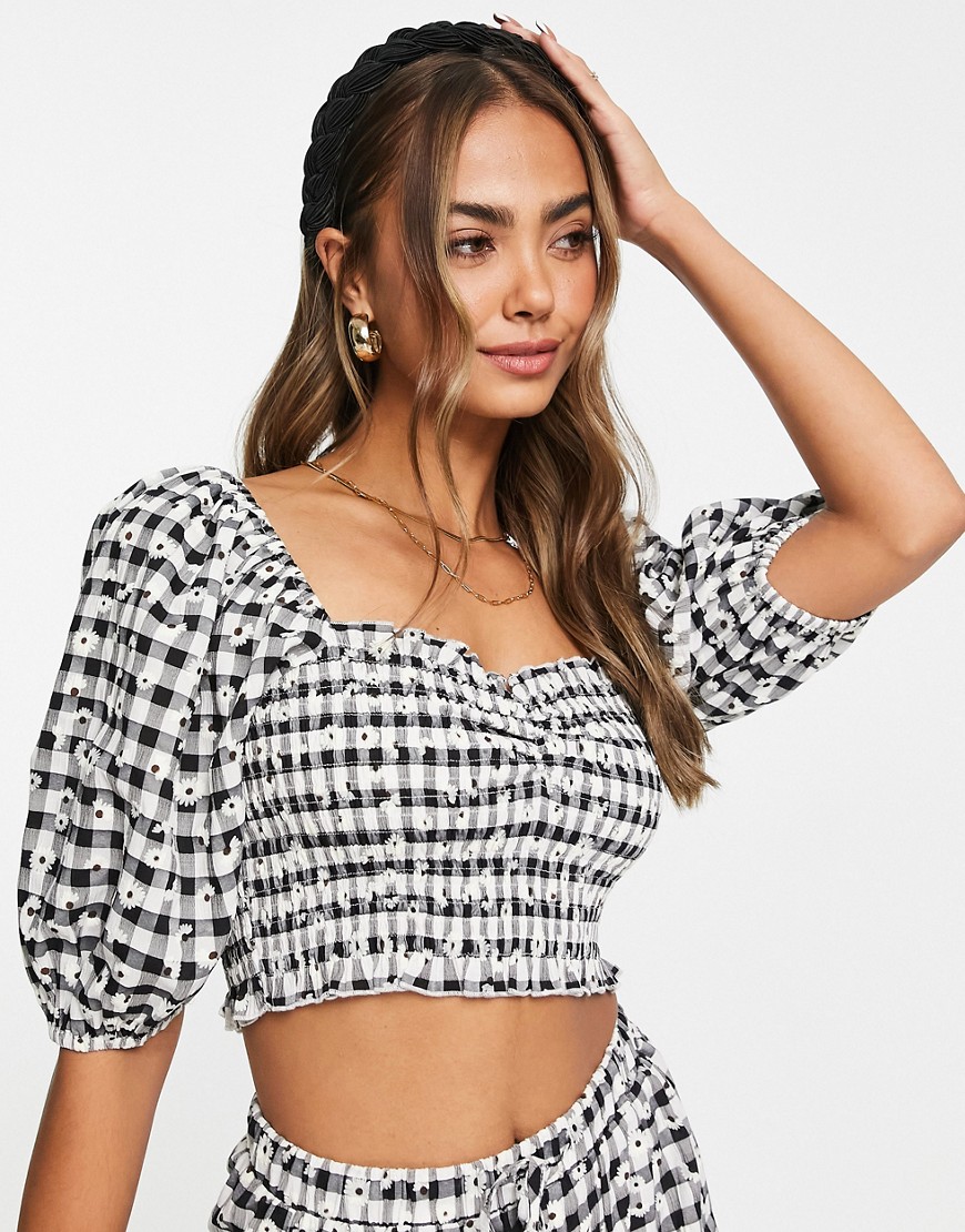 The Frolic shirred bust puff sleeve blouse in monochrome gingham - part of a set-Multi