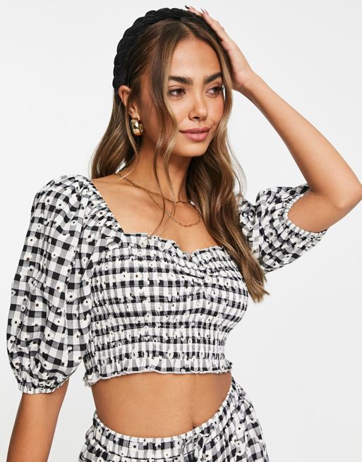 The Frolic shirred bust puff sleeve co-ord blouse in monochrome gingham ...