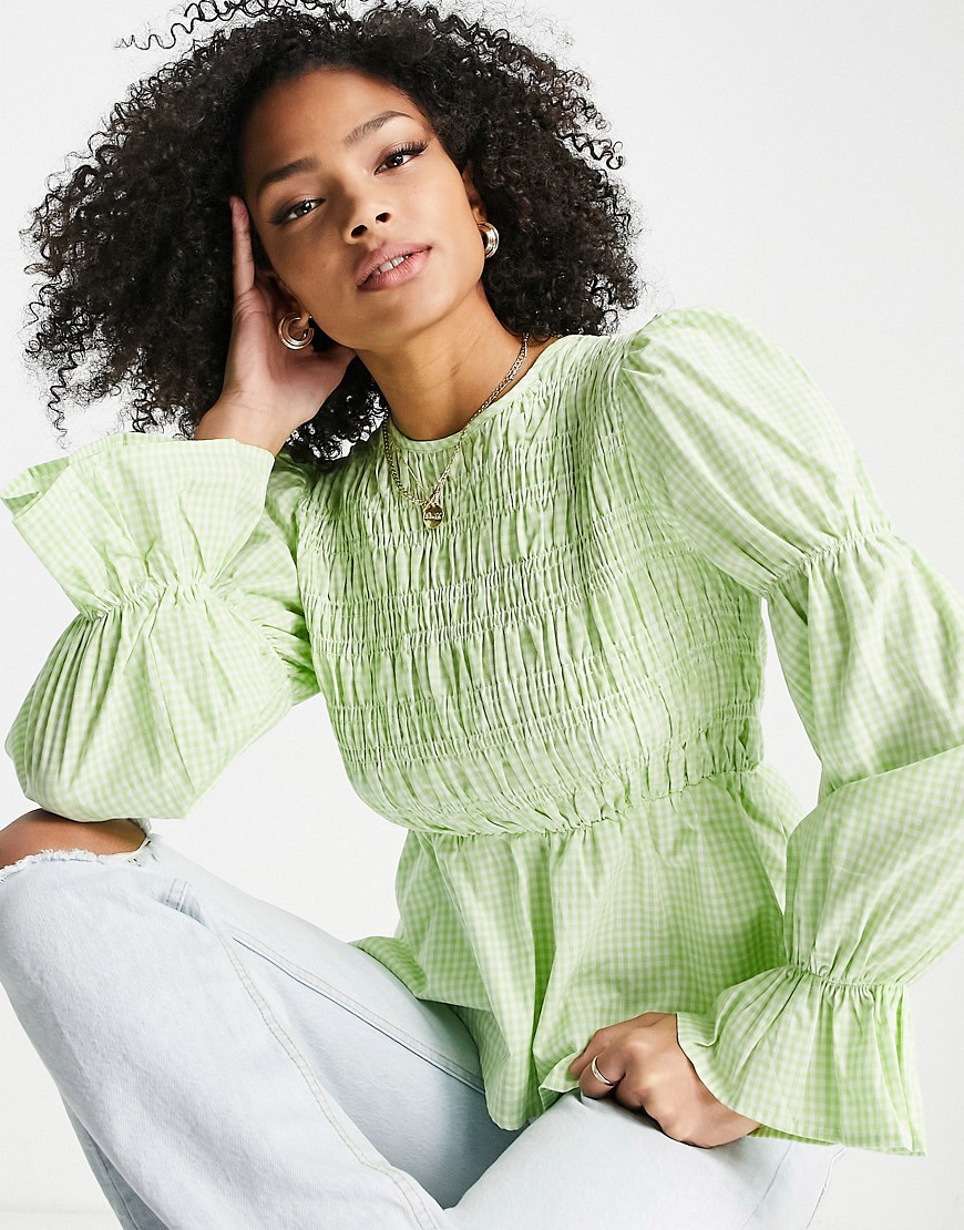 The Frolic shirred gingham blouse in green