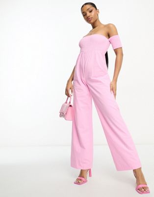 The Frolic shirred off shoulder wide leg jumpsuit in pink - ASOS Price Checker