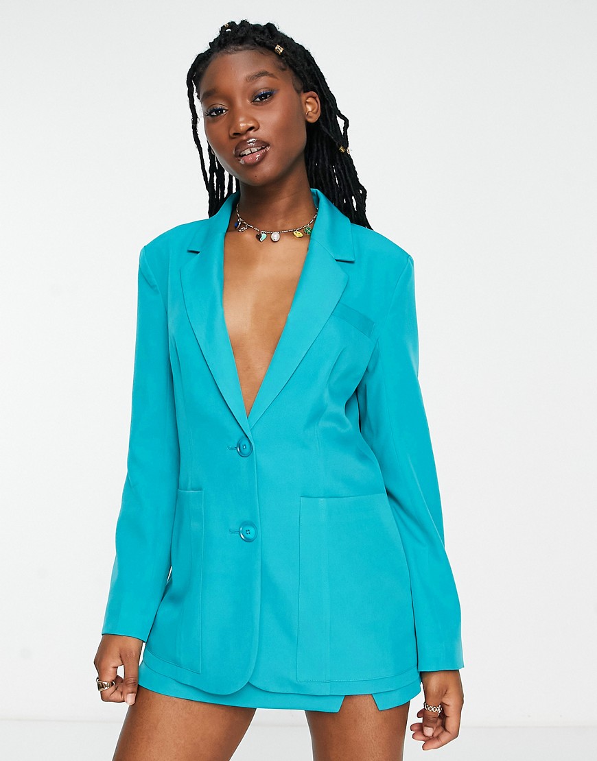 The Frolic single breasted suit blazer co-ord in turquoise-Blue