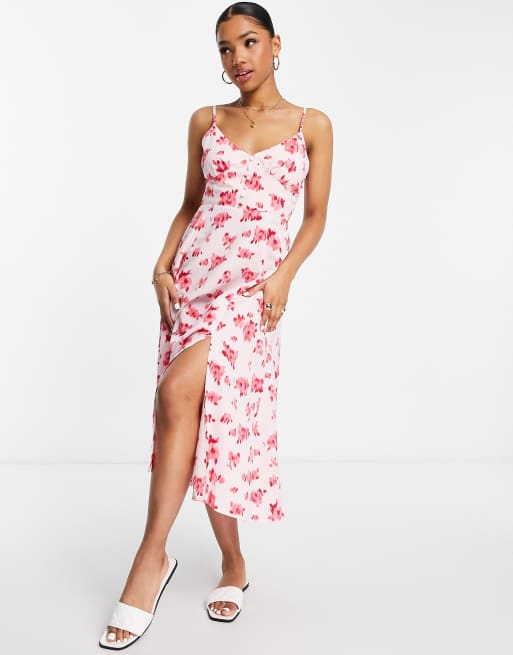 Lace up back plunge hotsell neck split floral dress