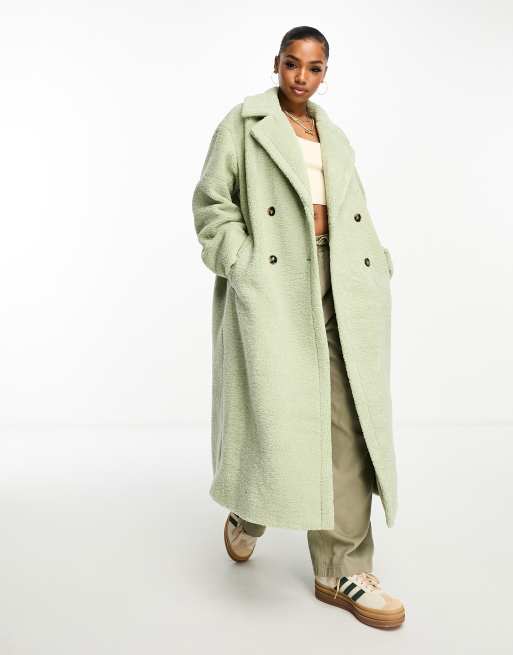 The Frolic soft borg double breasted cocoon coat in soft sage ASOS