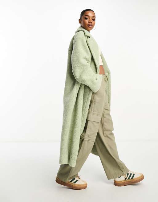 The Frolic soft borg double breasted cocoon coat in soft sage ASOS