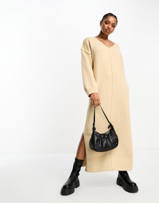 The Frolic soft oversized knitted v-neck maxi dress in tan