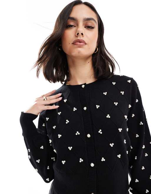 The Frolic - Sort cardigan med pufærmer, perledetalje og diamantformede syninger - Kun hos ASOS 