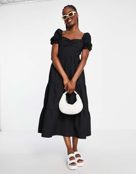 The Frolic - Sort tekstureret maxi-smockkjole i milkmaid-design - view 1