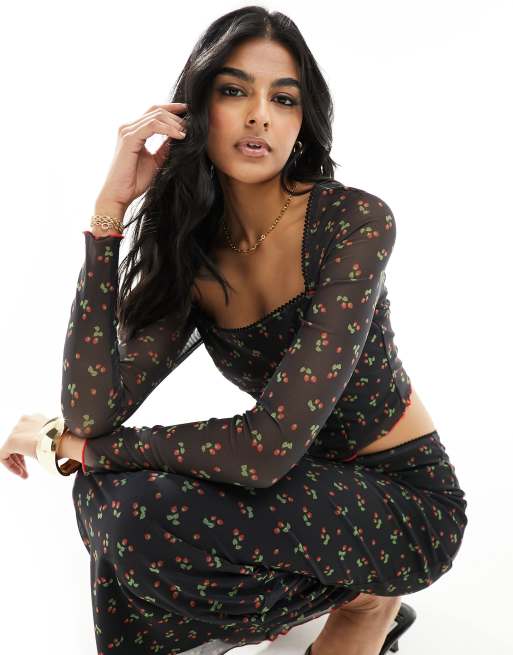 The Frolic - Sort top med lange ærmer, sløjfedetalje og kirsebærprint i mesh - Del af sæt - Kun hos ASOS    