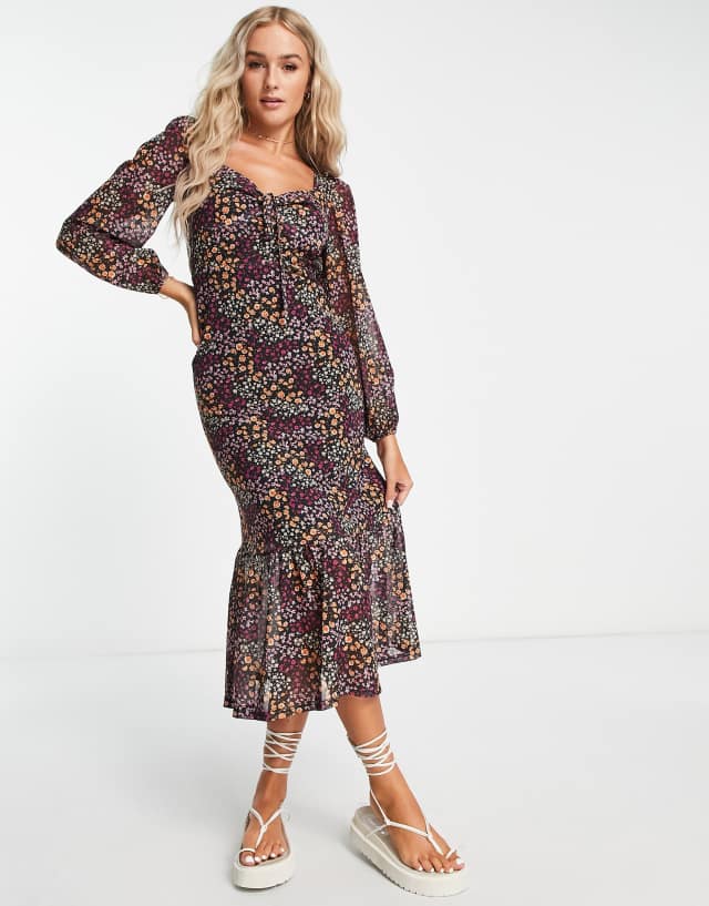 The Frolic square neck midi tea dress with mesh sleeves in micro floral