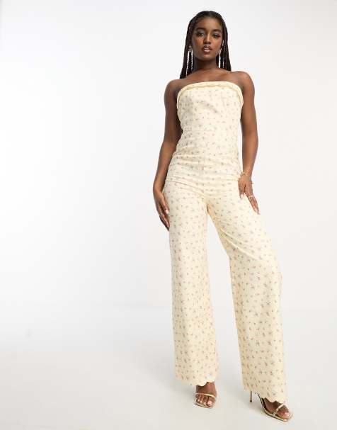 First Class | White Bandeau Feather Wide Leg Jumpsuit