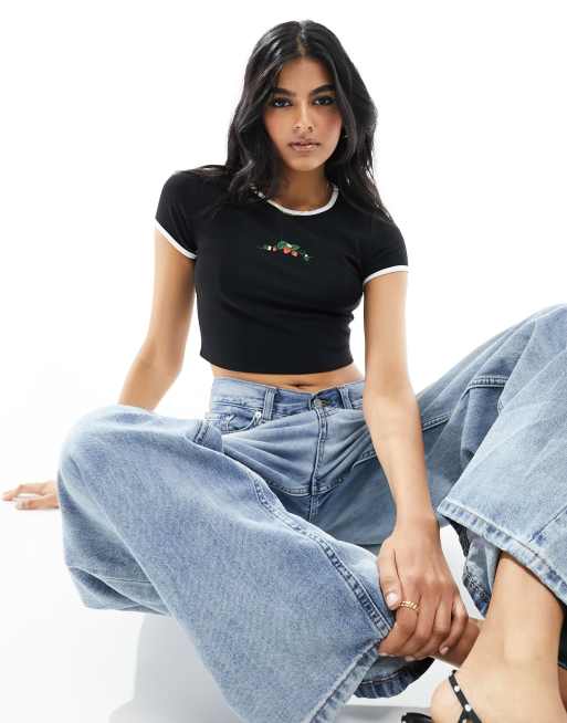The Frolic strawberry motif baby t-shirt with contrast trim in black