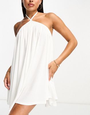 The Frolic sunstone halter volume mini summer dress in white waffle  - ASOS Price Checker