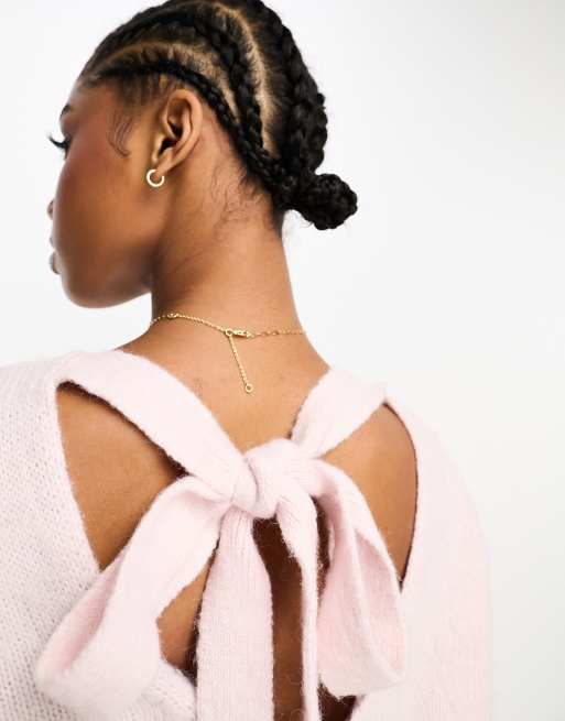 The Frolic super soft bow-back puff sleeve jumper in soft pink, 3 of 4
