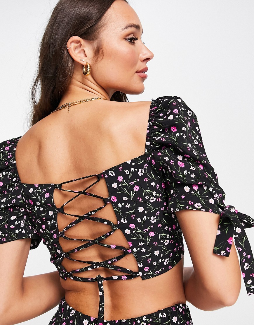 The Frolic Tabitha Puff Sleeve Beach Top In Black Floral - Part Of A Set-multi