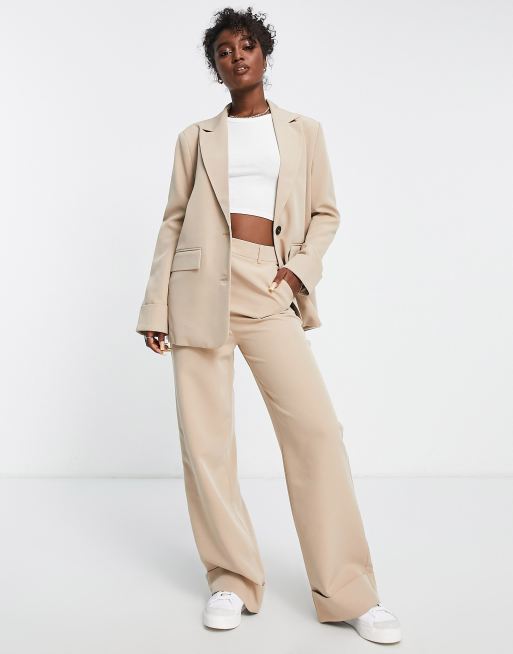 Camel Crepe High Waist Wide Leg Tailored Trousers