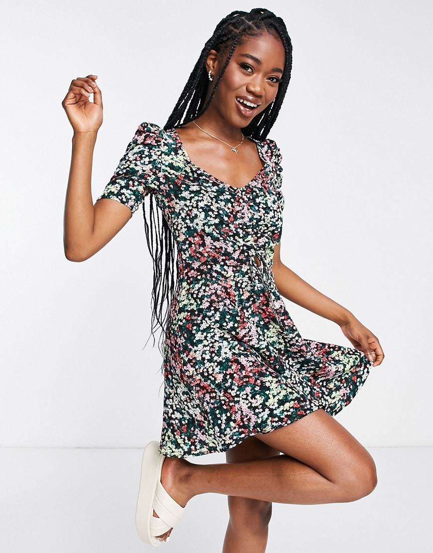 The Frolic Tea Dress With Ruched Bust In Vintage Floral-multi
