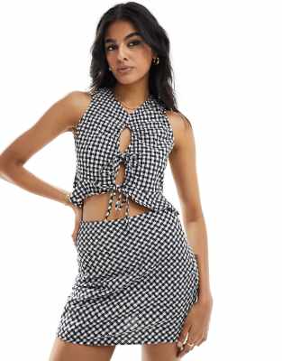 textured keyhole tie detail top in black and white gingham - part of a set