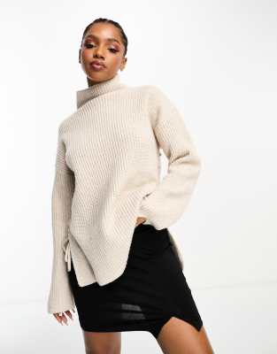 The Frolic tie-detail high neck longline sweater in cream heather