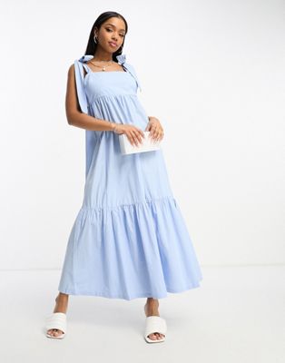 The Frolic tiered midi dress with tie straps and cutout back in blue poplin - ASOS Price Checker
