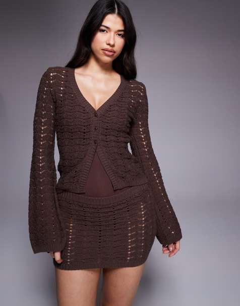 The Frolic - Top color cioccolato in maglia all'uncinetto misto cotone con maniche svasate e spacco sul davanti - view 1