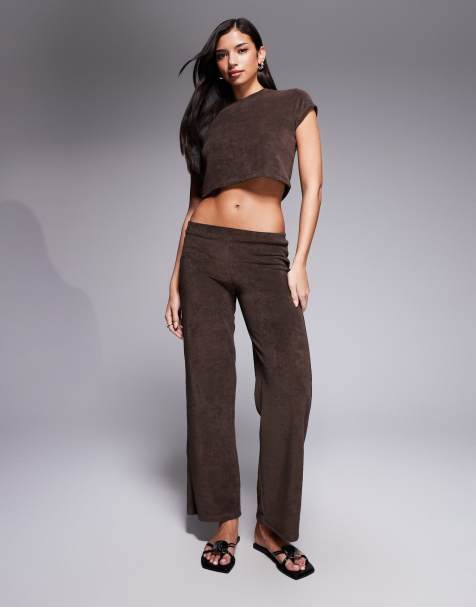 The Frolic towelling cropped t-shirt and wide leg trouser co-ord in chocolate - view 1