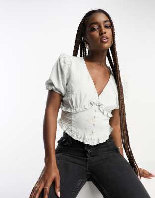 The Frolic V-neck Button Front Puff Sleeve Blouse In Blue Gingham
