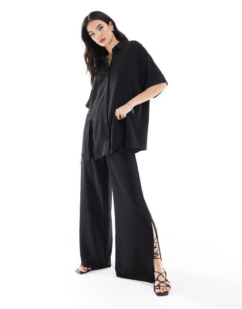 ASOS DESIGN Petite drawstring palazzo beach pants in black