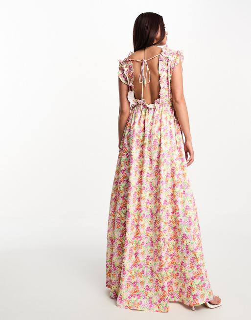 The Frolic - Vestito lungo con scollo rotondo a fiori multicolore effetto acquerello con volant