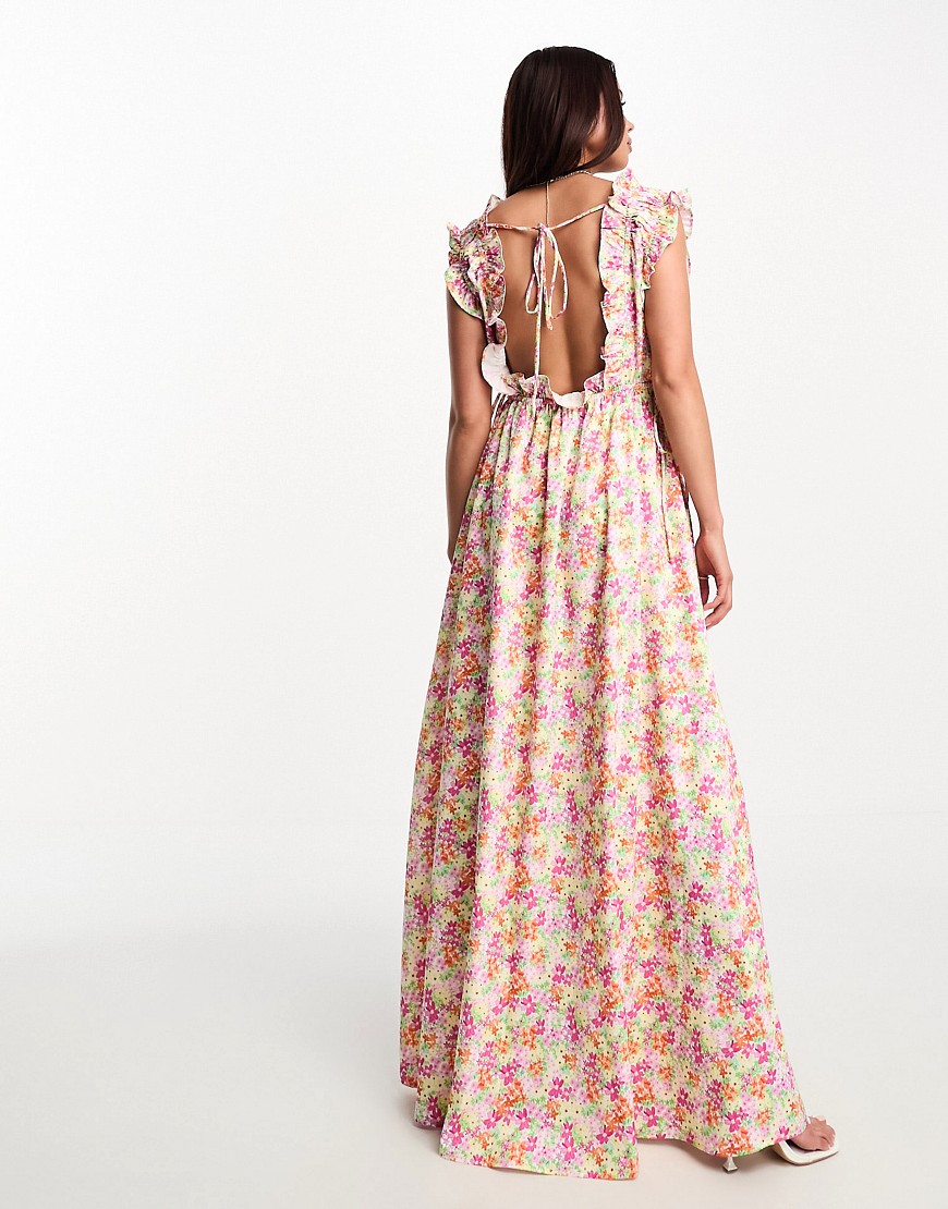 The Frolic Watercolor Floral Ruffle Scoop Neck Maxi Dress In Multi