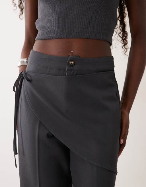 The Frolic wrap front tie straight leg pants in charcoal, 3 of 5