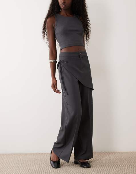 The Frolic wrap front tie straight leg trouser in charcoal - view 1
