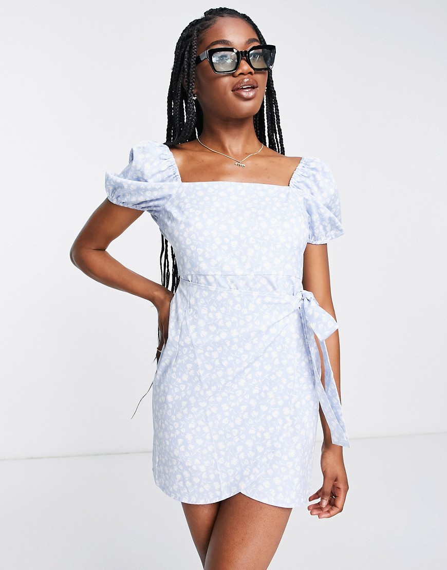 The Frolic Wrap Skirt Mini Dress In Vintage Ditsy Floral-blue