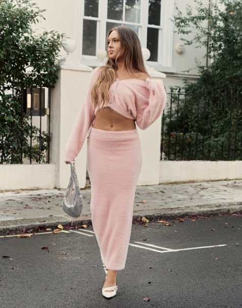 The Frolic x Bella Stovey exclusive fluffy diamante button through cardigan co-ord in pink  