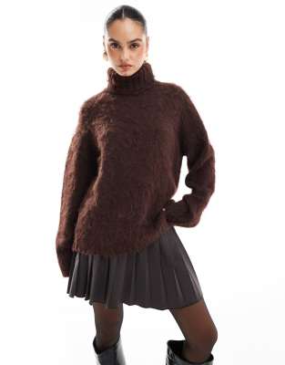 The Frolic X Bella Stovey Exclusive Fluffy Longline Roll Neck Sweater In Chocolate-brown