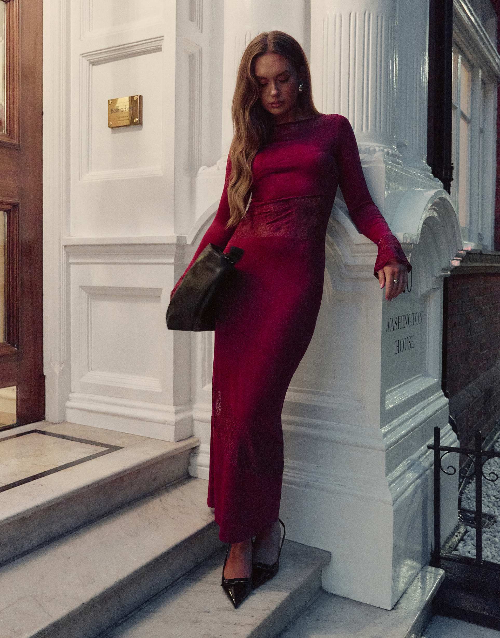 the frolic x bella stovey exclusive lace insert flared sleeve maxi dress in burgundy