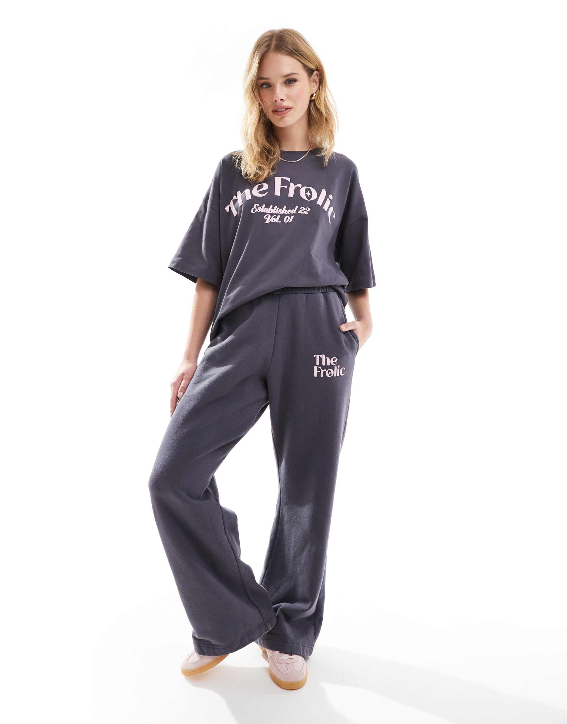 the frolic x bella stovey exclusive logo wide leg sweatpants in charcoal - part of a set