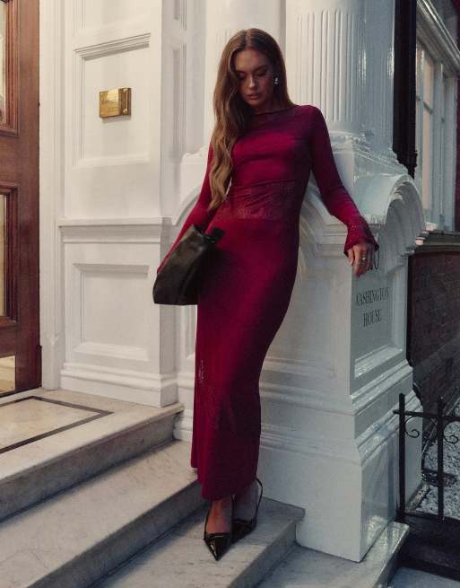 The Frolic x Bella Stovey - Exclusive - Maxi jurk met kanten inzetstukken en uitlopende mouwen in bordeauxrood  