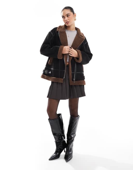 The Frolic x Bella Stovey exclusive oversized aviator jacket in black and chocolate