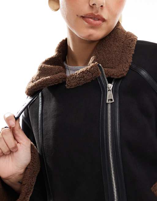 The Frolic x Bella Stovey exclusive oversized aviator jacket in black and chocolate