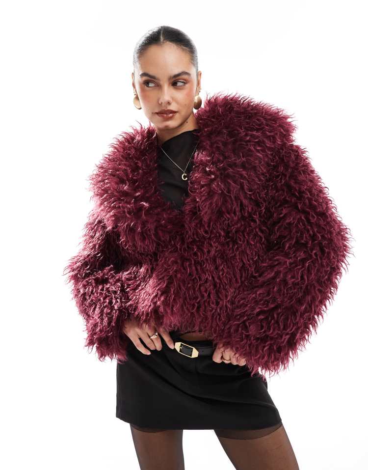 The Frolic The Frolic x Bella Stovey exclusive oversized collar mongolian faux fur jacket in burgundy-Red