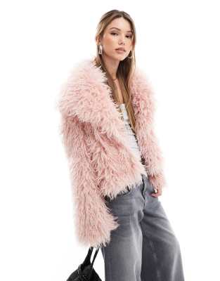 x Bella Stovey exclusive oversized collar mongolian faux fur jacket in pink